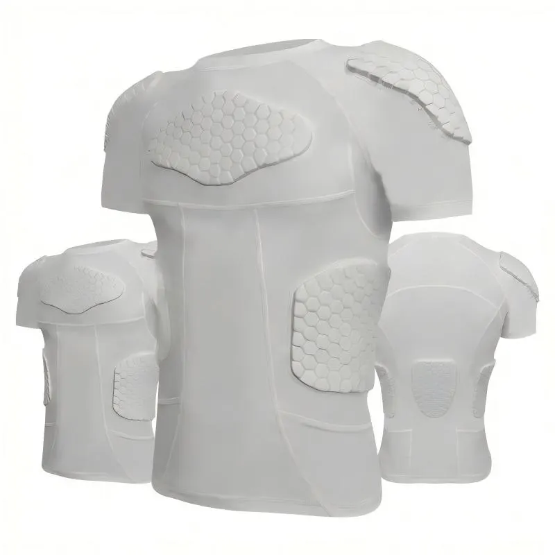 Football compression shirt with honeycomb EVA padding shown from three angles