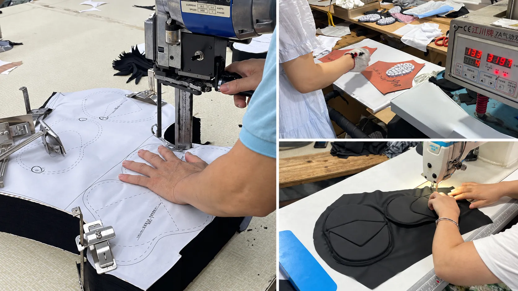 SHENOCHI factory process showing pattern cutting, protective pad forming, and pad sewing assembly