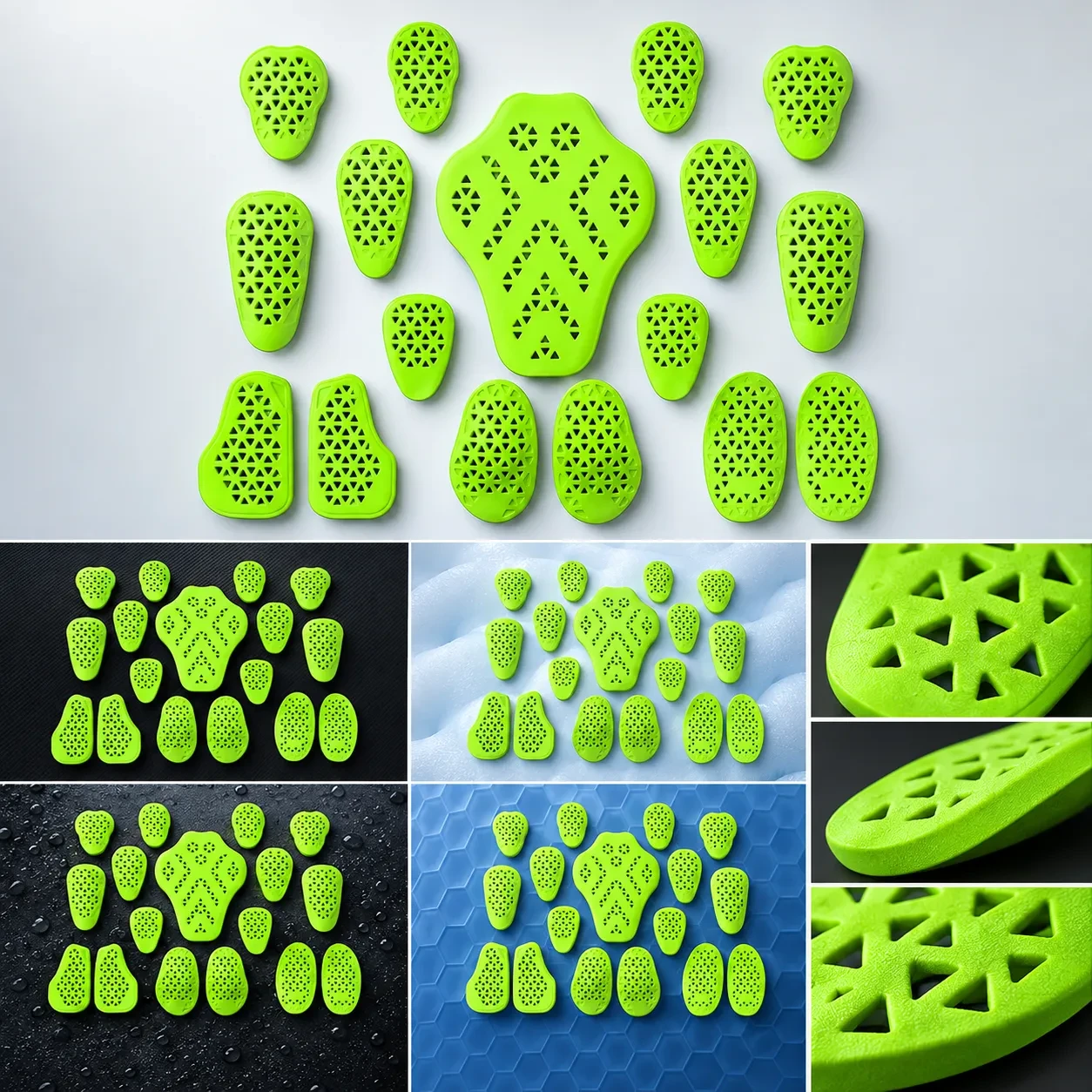 Green protective padding components with triangular ventilation holes