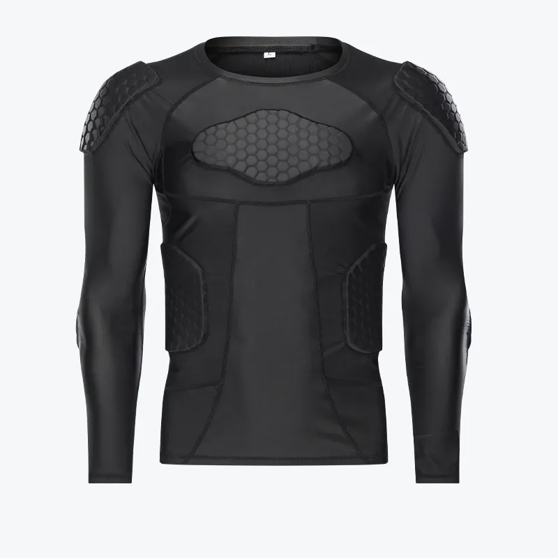 Black long-sleeve rugby padded shirt with chest, shoulder, rib and elbow padding
