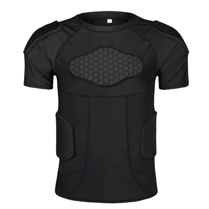 Black short-sleeve rugby padded shirt with chest, shoulder and rib padding