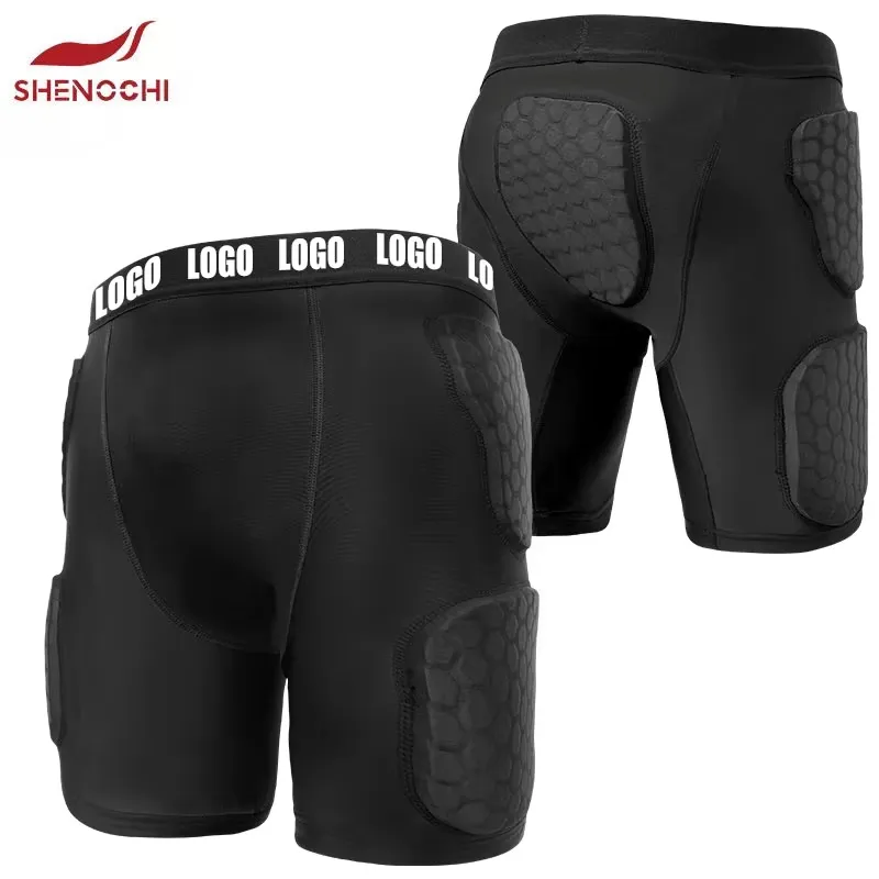 Black rugby padded compression shorts shown from the front and rear